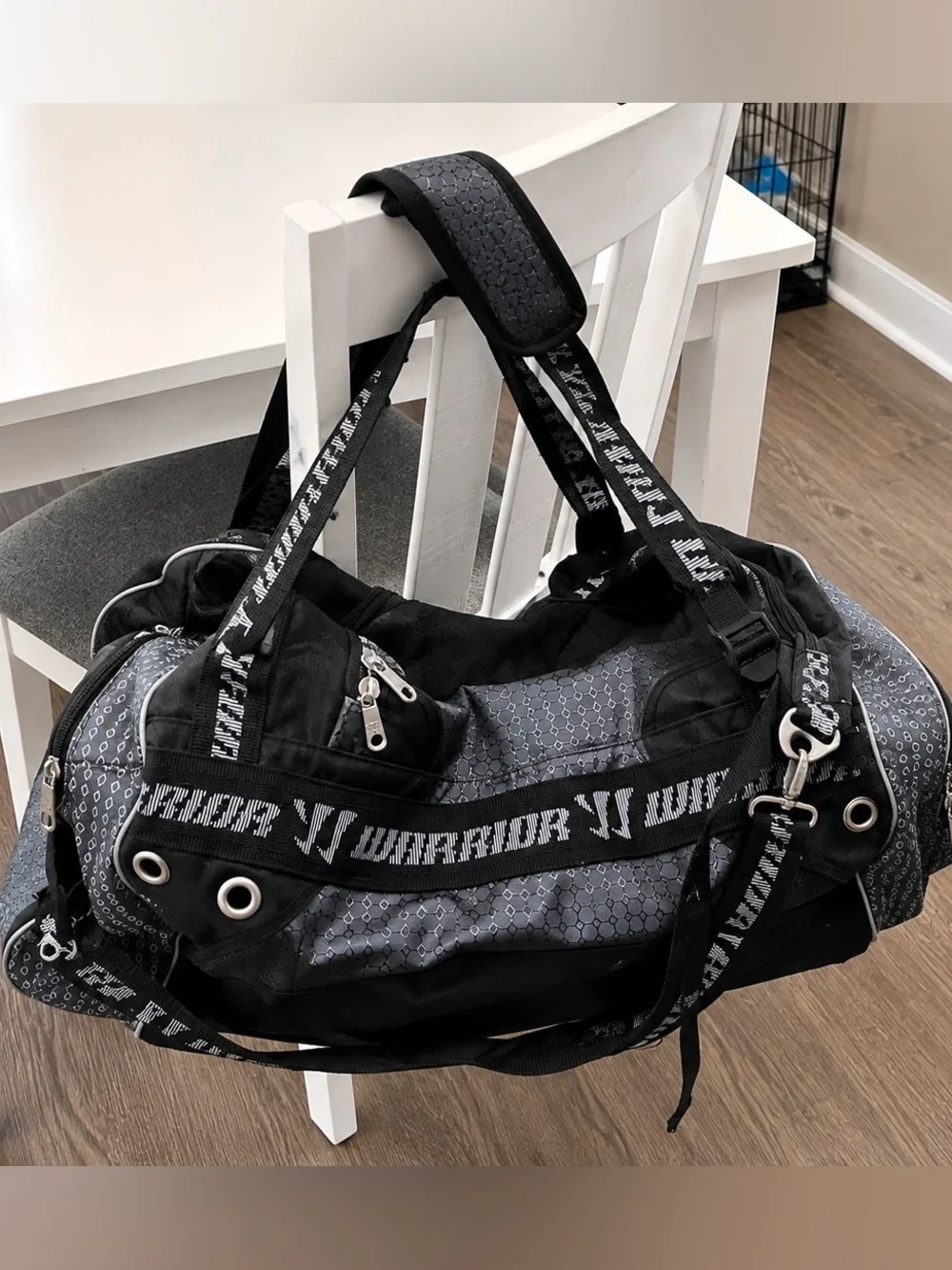 Warrior Black Gray Sports Gear Duffel Bag Multi Pocket Athletic Travel Bag